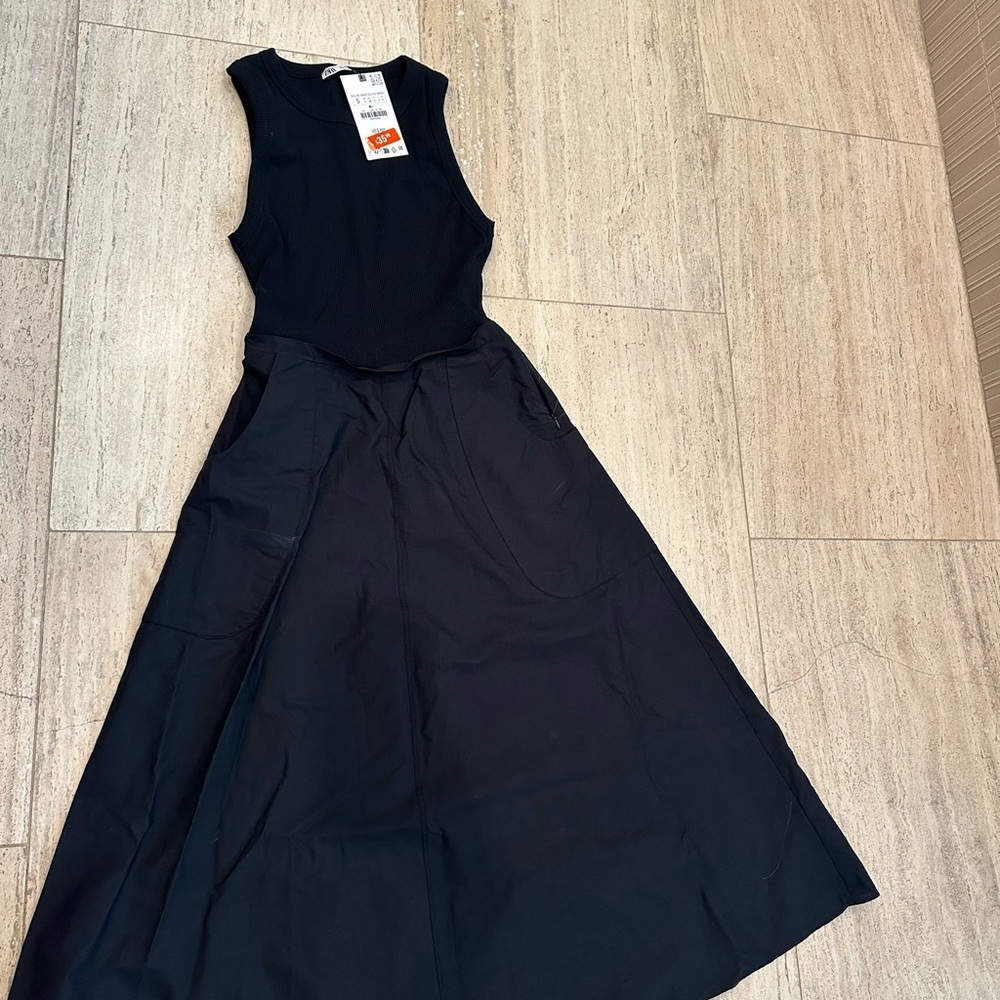 Zara black, A-line dress, NWT. Black, ribbed top with pockets